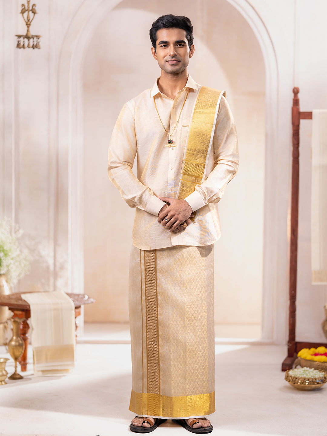 Pure Silk Embossed Tissue Jari Weaving Dhoti Shirting & Towel Set with 4" Jari Border – Rajahamsa