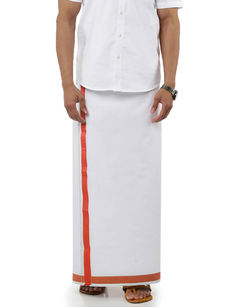 Mens Double Dhoti White with Fancy Border Anchor Special Saffron