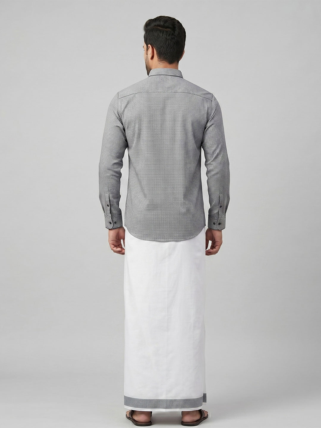 Men Greyish Blue Matching Border Dhoti With Printed Shirt Set Windsor HNJ1