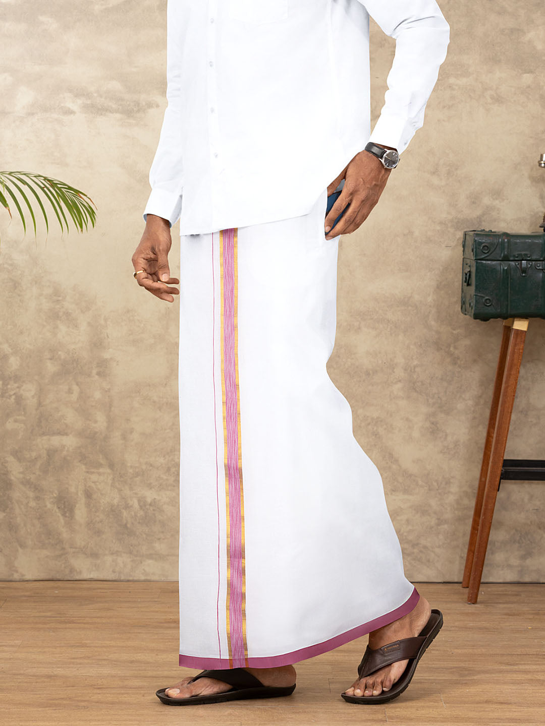 Men Cotton Blend Readymade Double Layer White Dhoti with Fancy Jari Border GFDA01