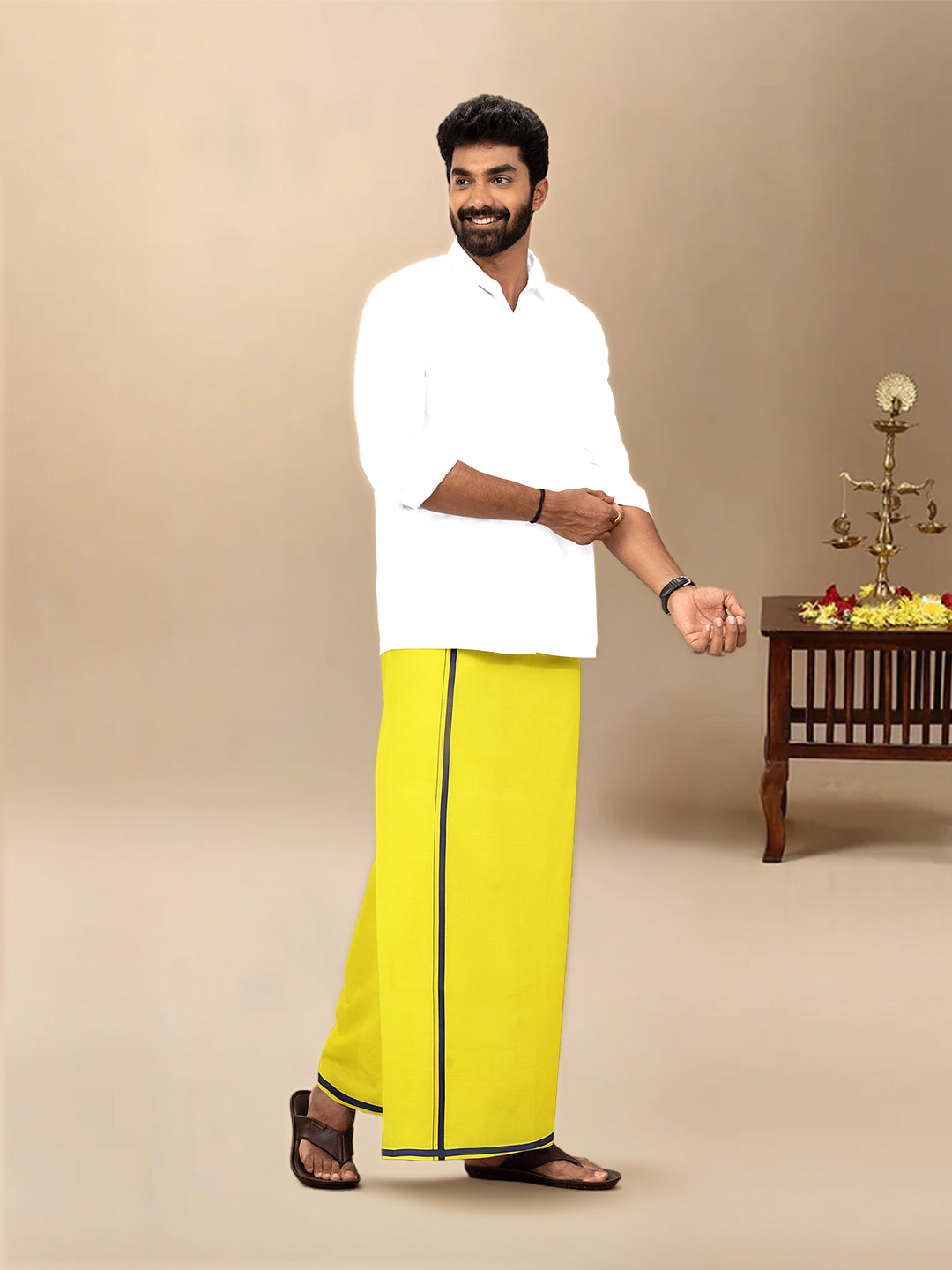 Men Cotton Blend Single Layer Yellow Dhoti & Towel Set with Navy Border Poojan
