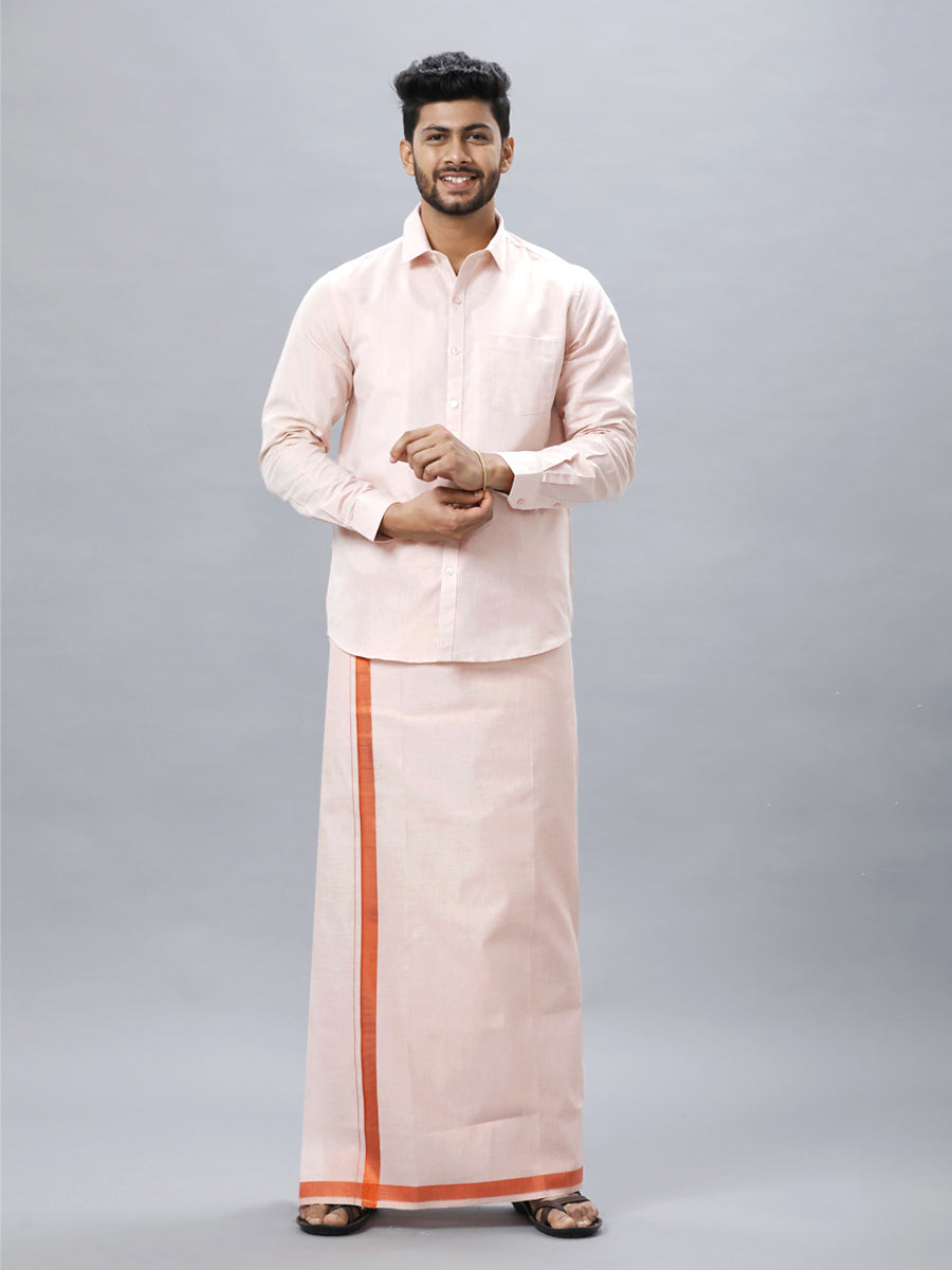 Mens Copper Tissue Full Sleeve Shirt with Matching Readymade Single Dhoti Combo