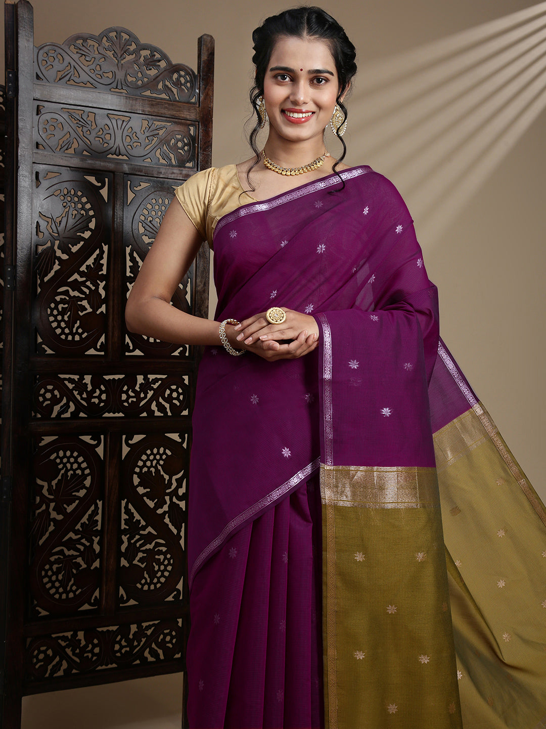 Women Majenta Kora Cotton Fancy Saree SK107