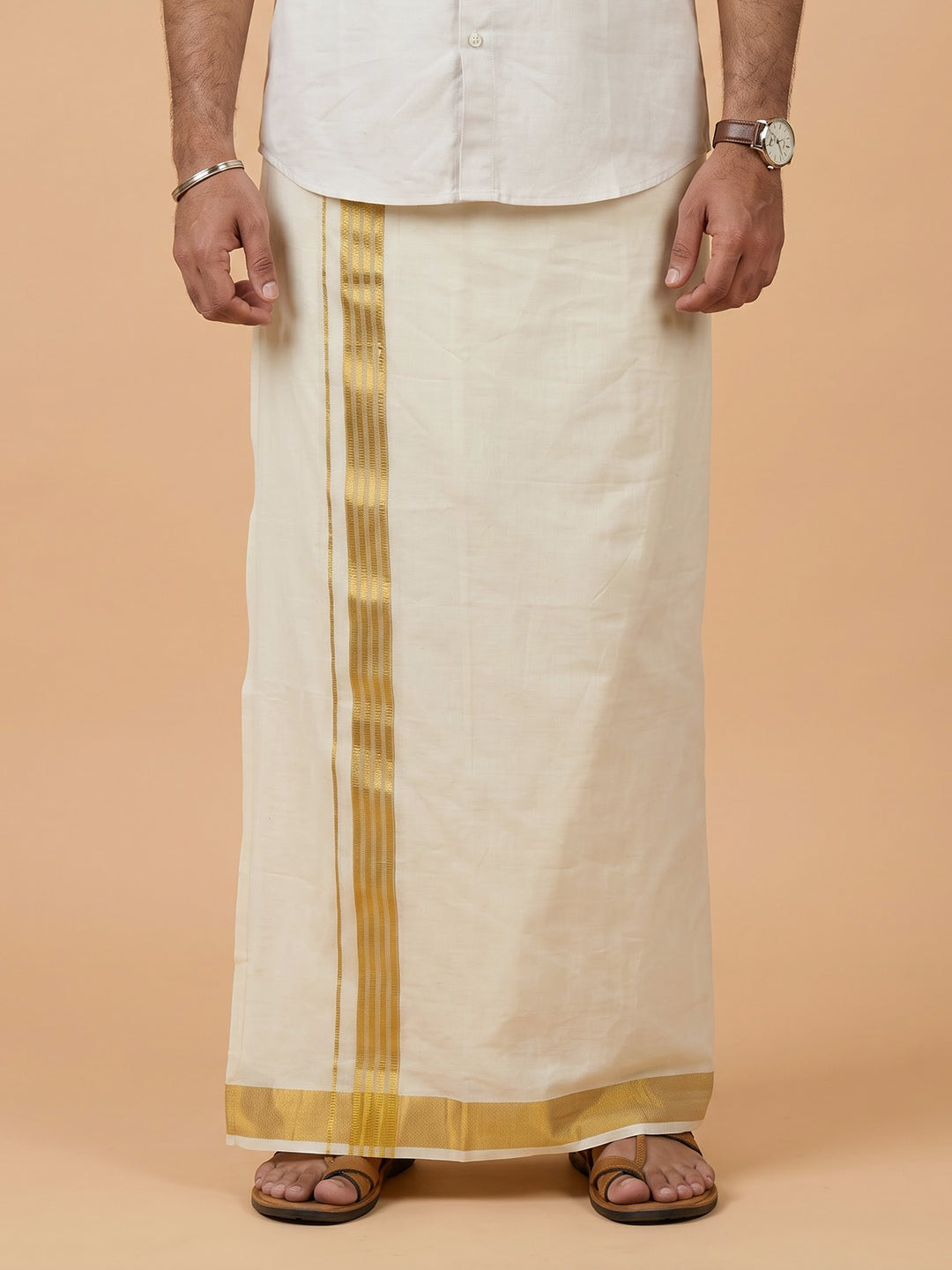 Double Layer 100% Cotton Cream Kora Dhoti with Fancy Jari Border - GJF02