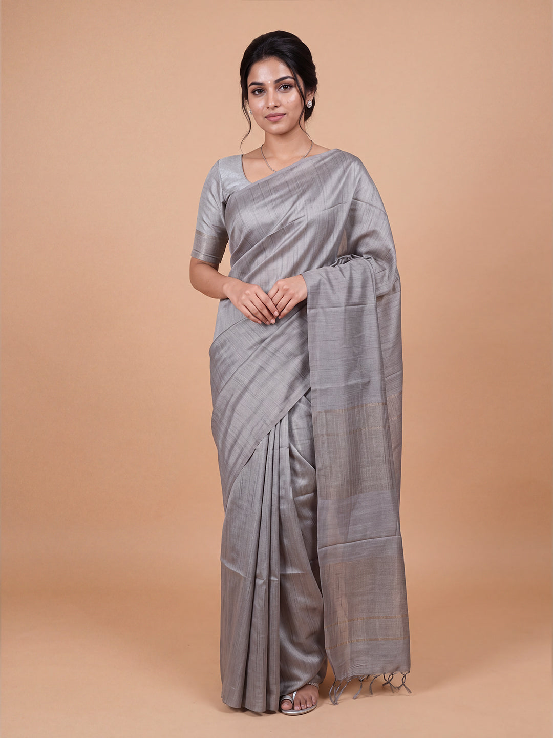 Women Semi Tussar Grey Striped Saree ST363