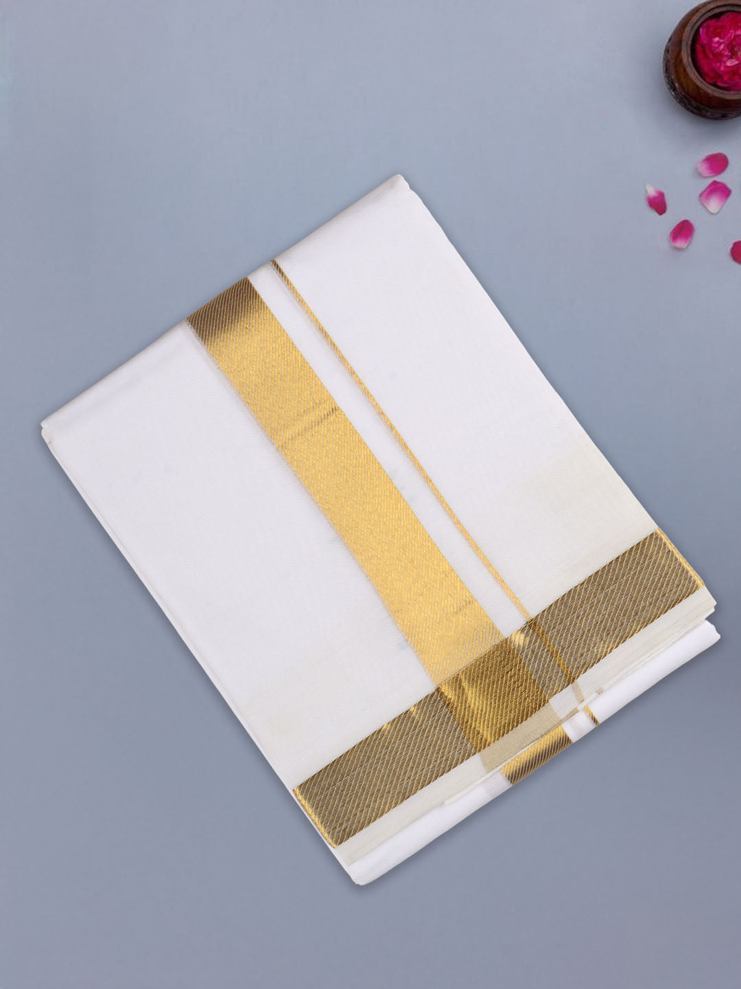 Men 100% Cotton Single Layer White Dhoti with Gold Jari Border Majesty