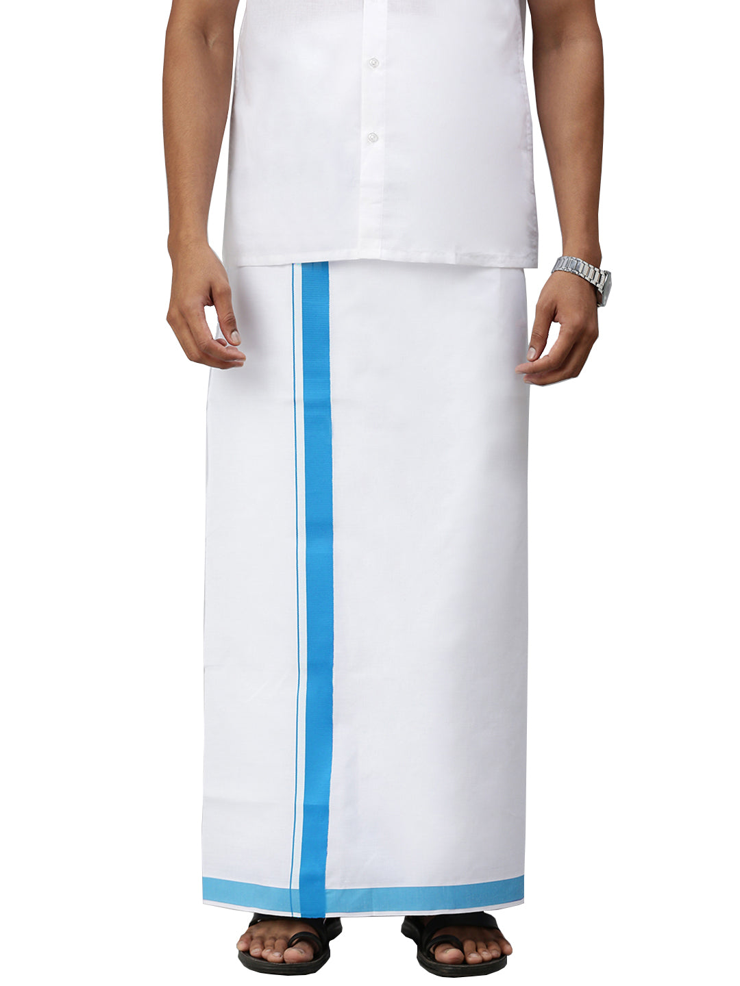 Mens Elegant Look Cotton Single Dhoti with Teal Blue Fancy Border
