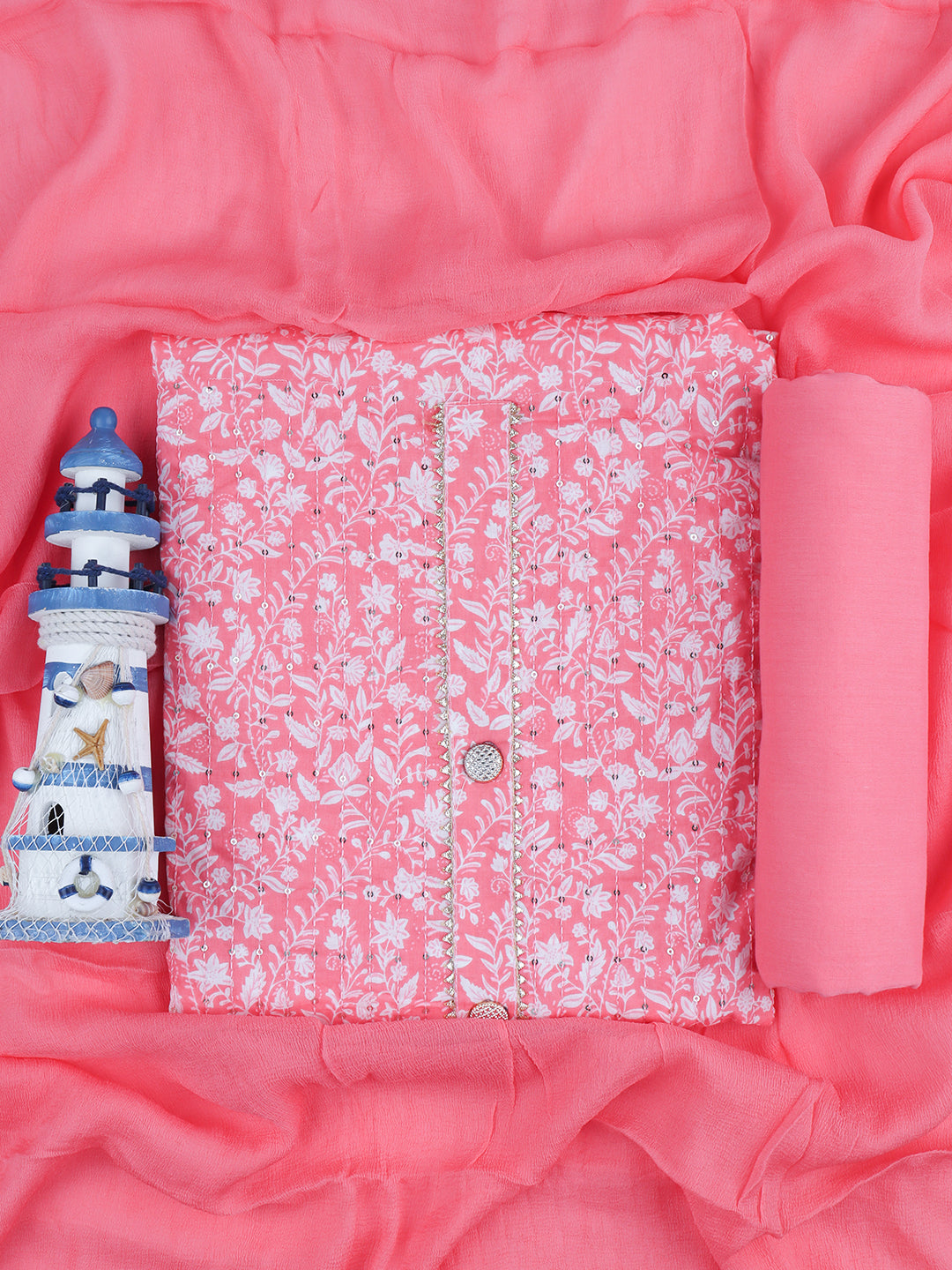 Women Cotton Rich Dress Material Pink -DM145