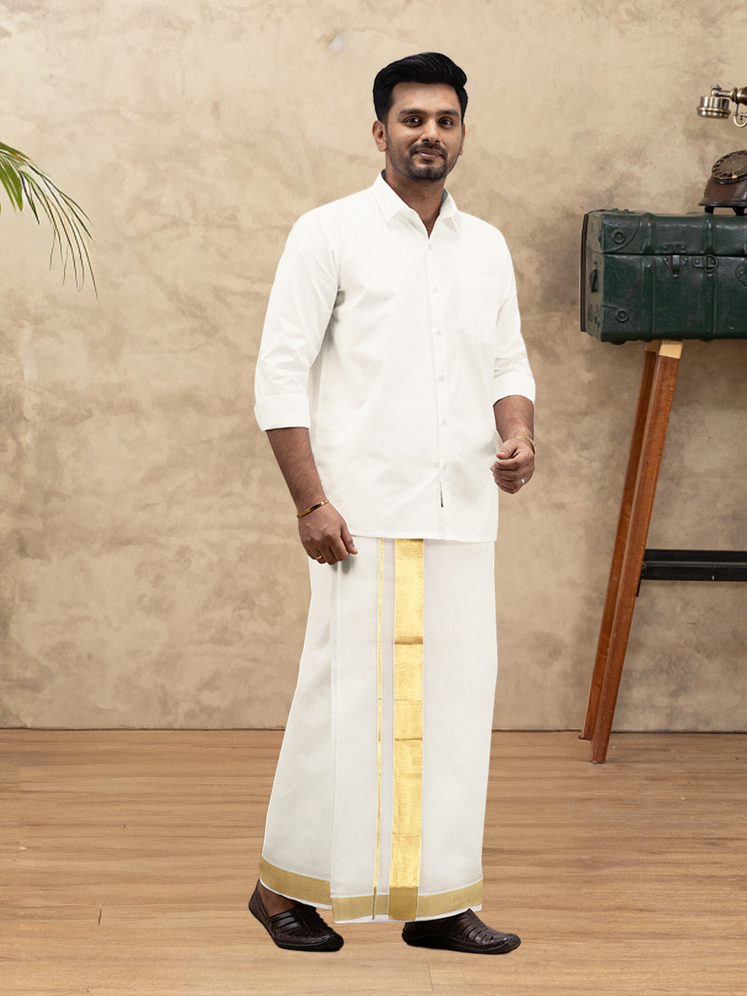 Men Kora Cotton Double Layer Dhoti with Gold Jari Border Chingam 5029