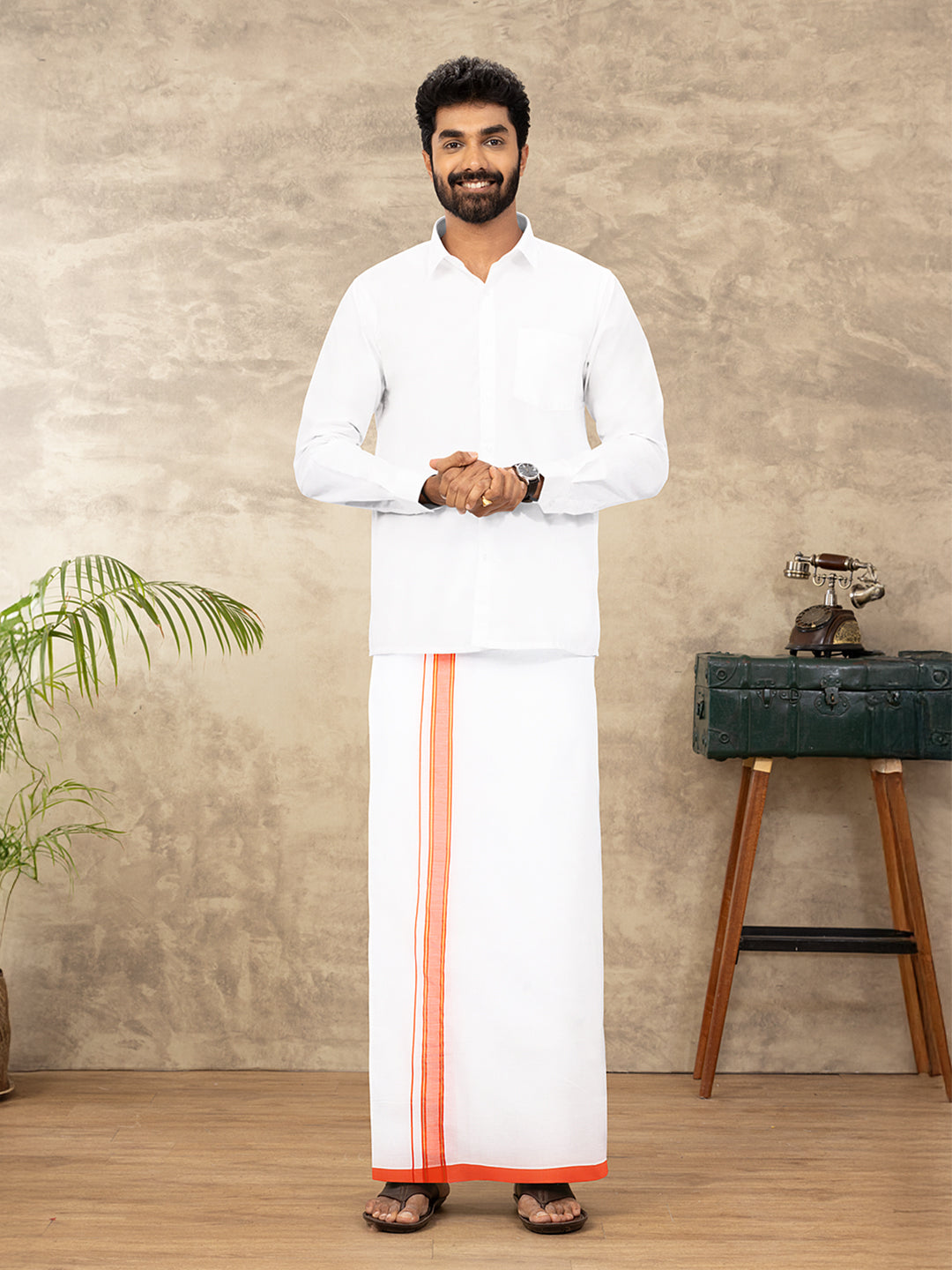 Men Cotton Blend Readymade Double Layer White Dhoti with Fancy Jari Border GFDA13
