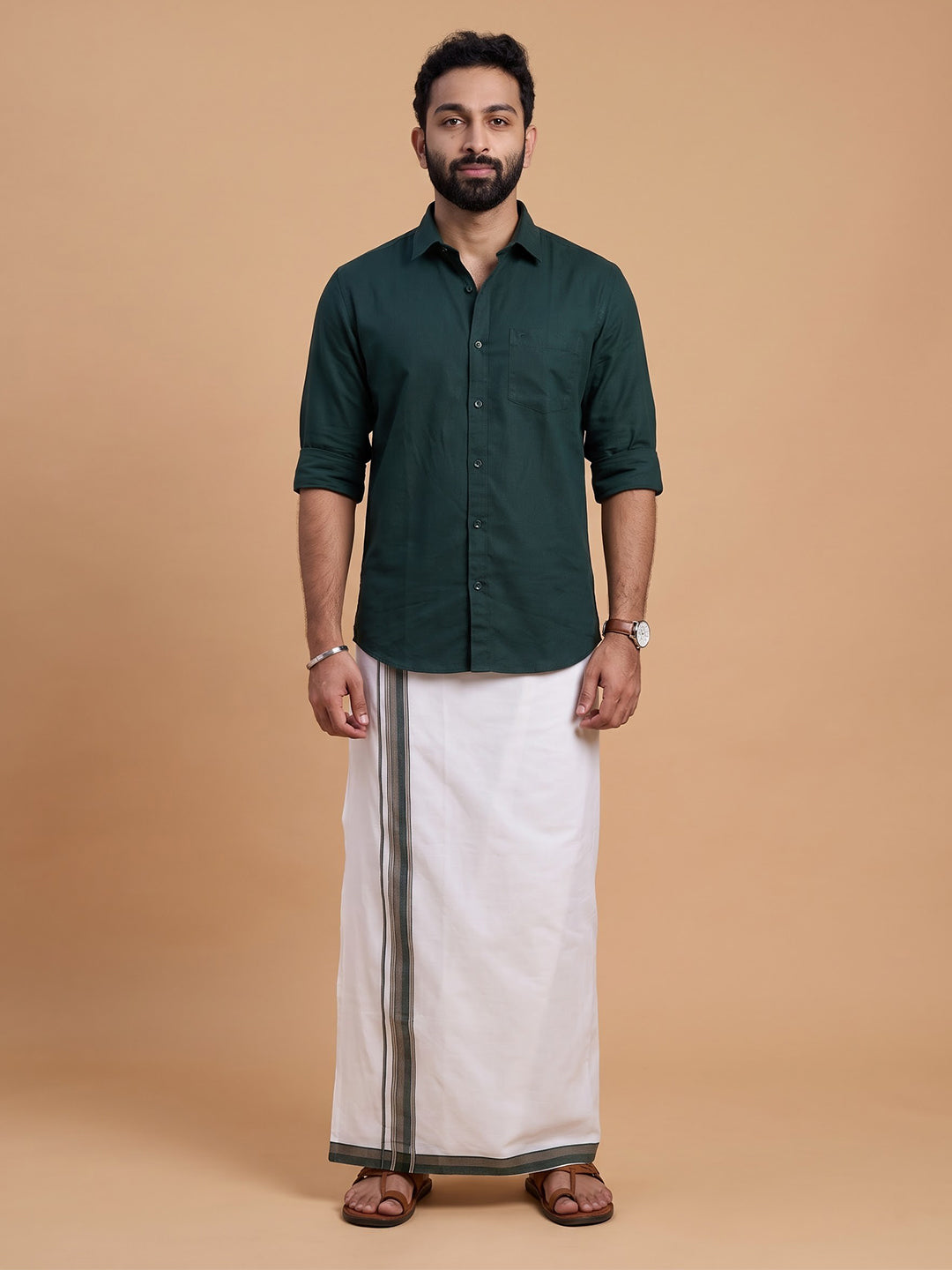 Double Layer 100% Cotton White Dhoti with Colour Jari Border - LC45