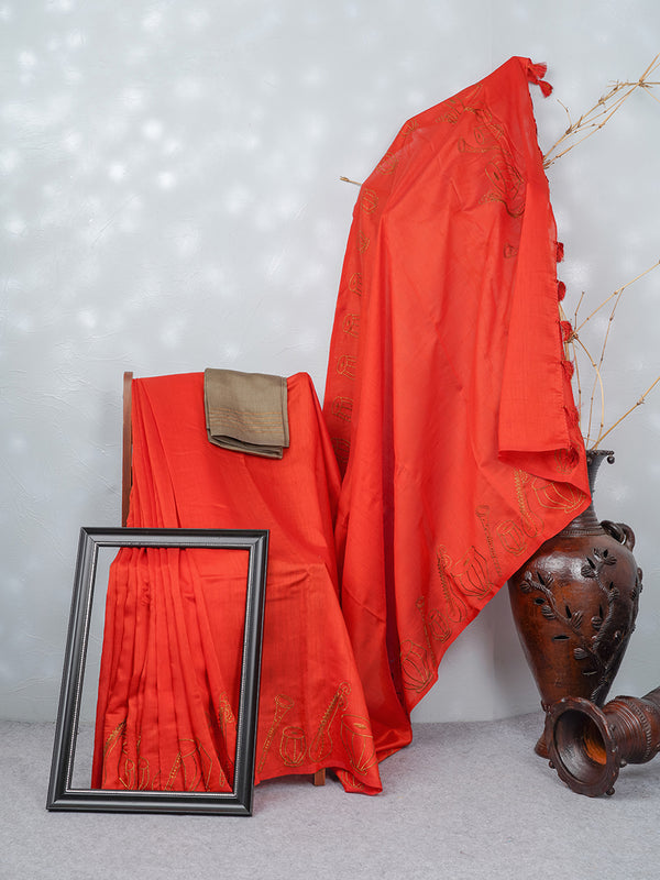 Womens Bhagalpuri Jute Embroidery Saree Dark Orange BJS32