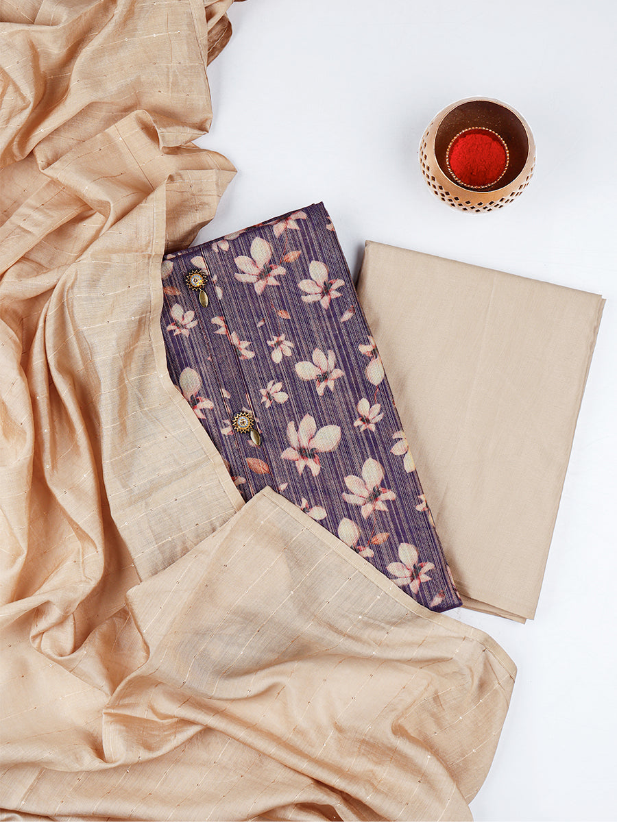 Women Navy & Sandal Flower Digital Print Unstitched Semi Raw Silk Cotton Dress Material DM103