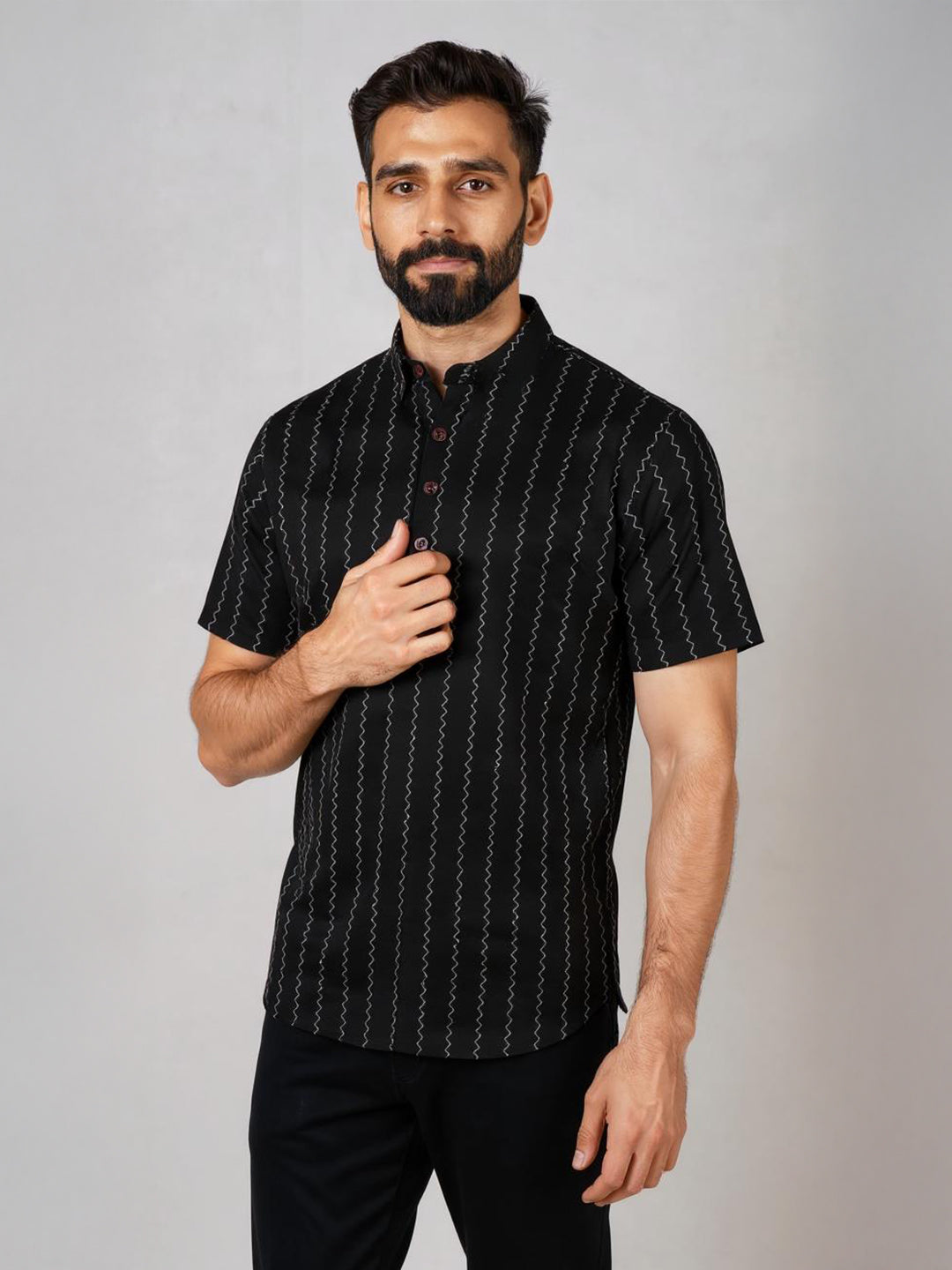 Men Cotton Short Length Striped Pocket Kurta Black PC35