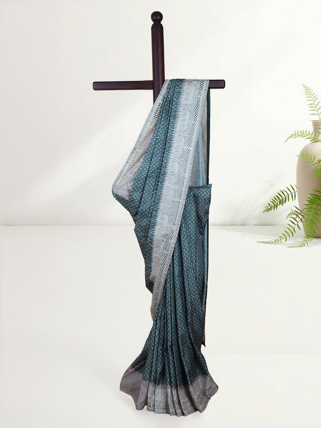 Women Teal Blue Semi Tussar Saree ST274