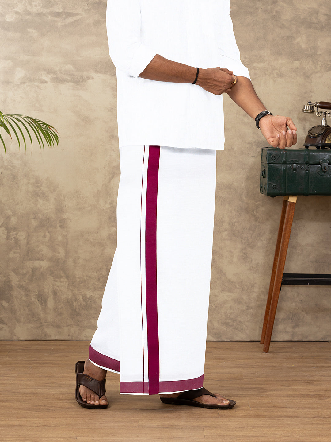 Men Cotton Blend Single Layer White Dhoti with Big Border WS26