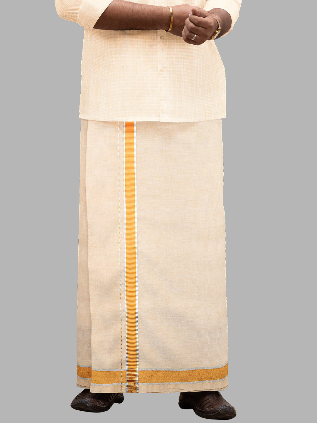 Men Tissue with Gold with Silver Jari Border Single Layer Dhoti