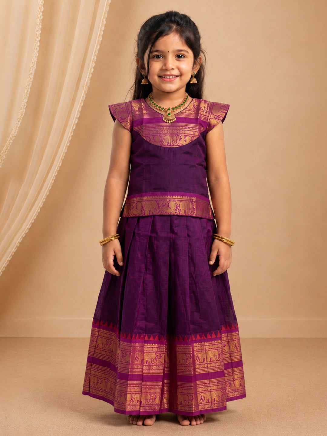 Girls Cotton Dark Purple Pavadai Set GPS57