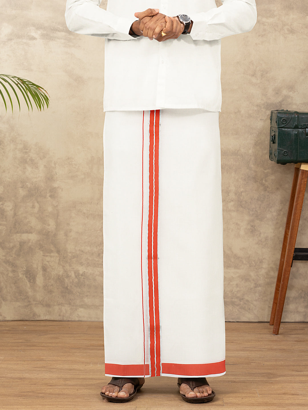 Men Kora Cotton Double Layer Dhoti with Fancy Jari Border VKSF01
