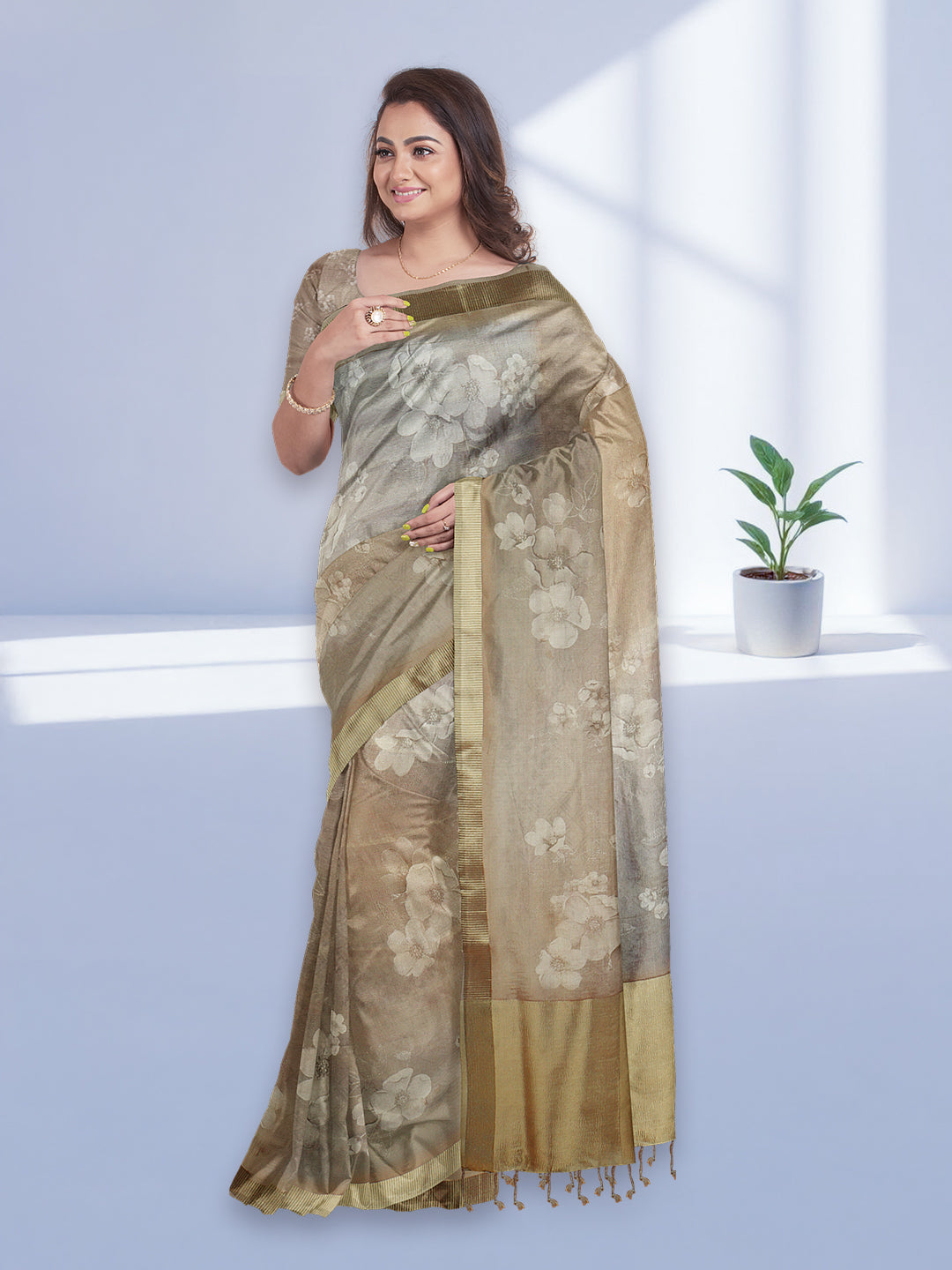 Women Gold with Silver Tissue Saree TS54