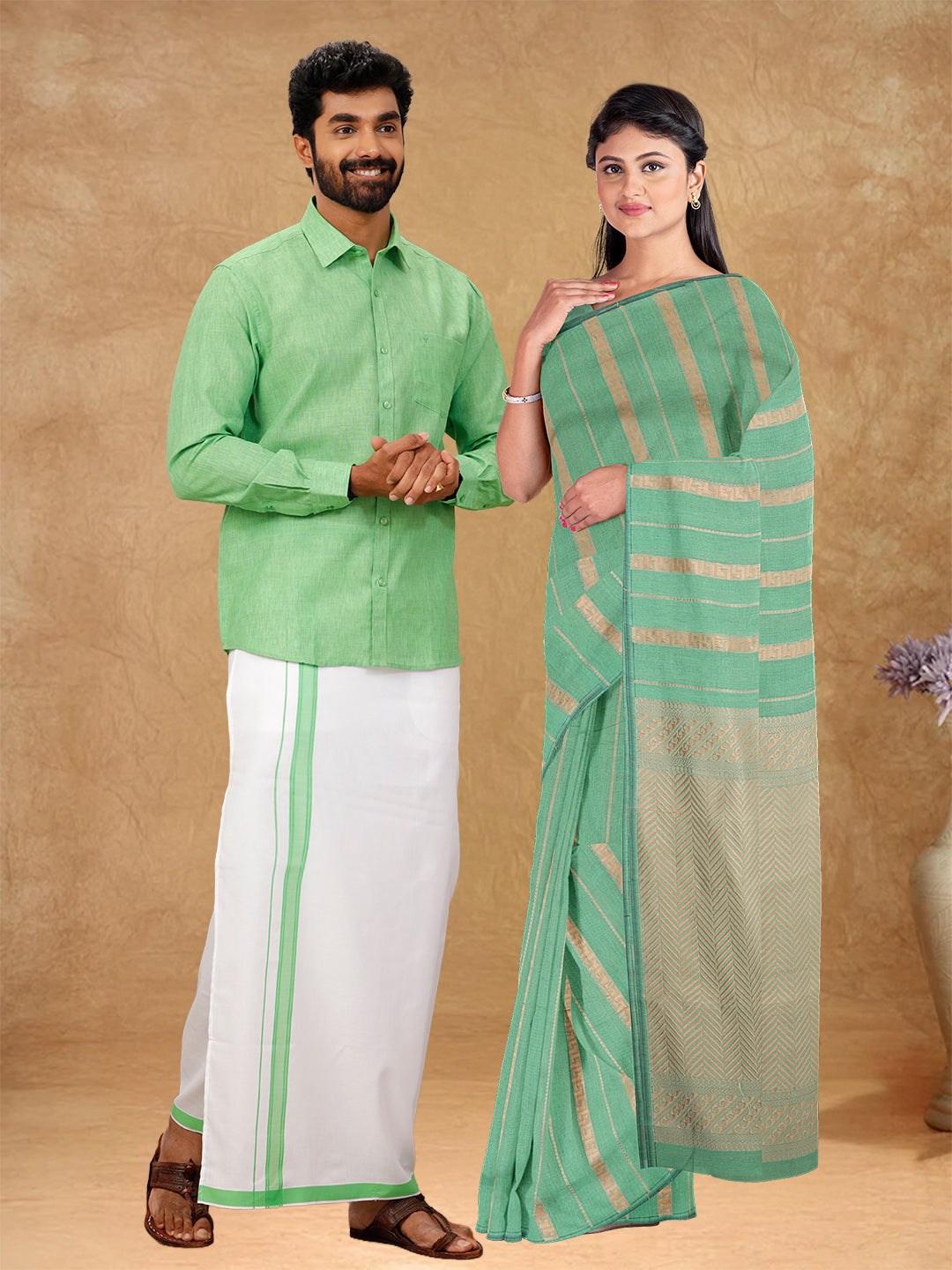 Couple Combo Shirt & Dhoti Set with Saree Green PCS171