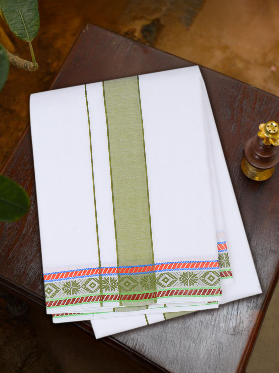 Men Cotton Green Fancy Border Panchakacham with Angavasthram (9+5) JD08