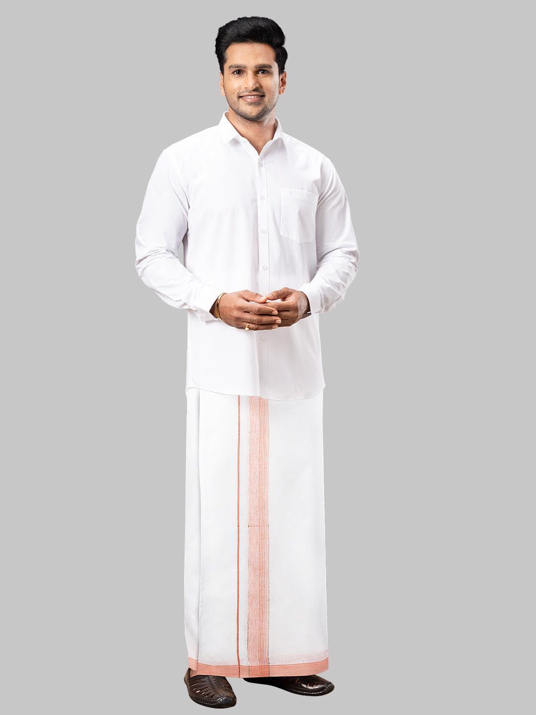 Mens Orange Fancy Jari Border Double Dhoti RSF01