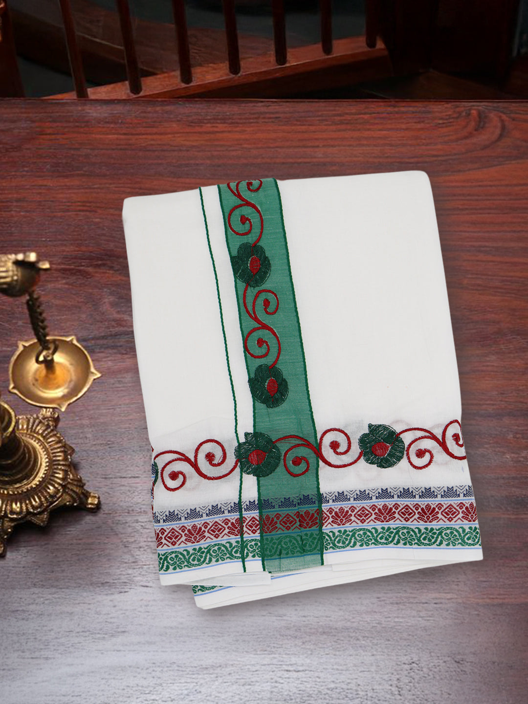 Men 100% Cotton Green Fancy Border Panchakacham Set White(9+5)