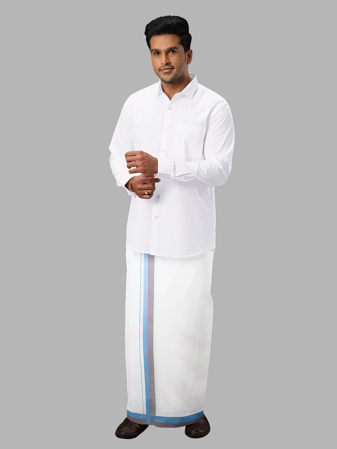 Men Blue Fancy Border Double Layer White Dhoti PMF2