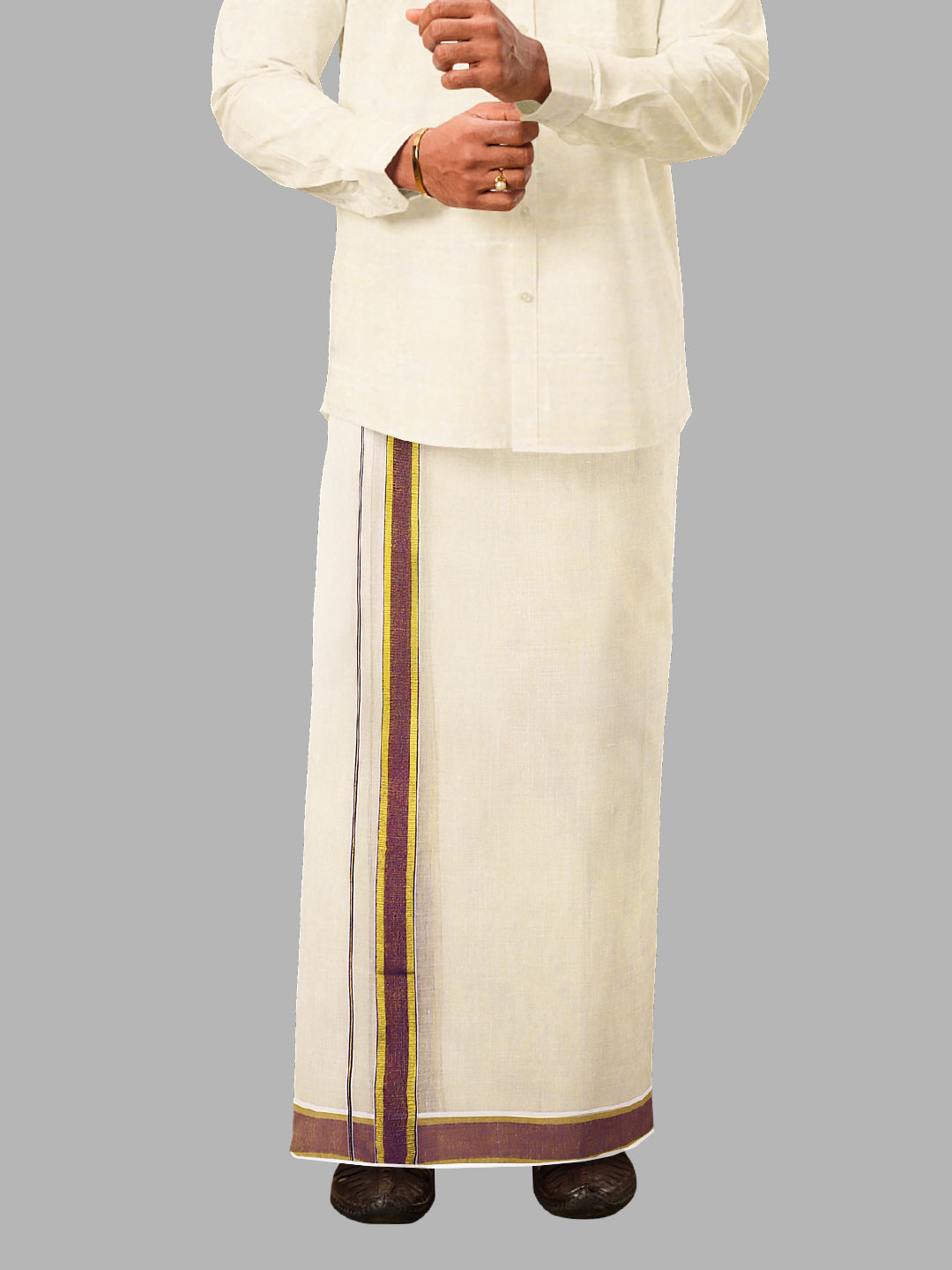 Men Tissue Single Layer Gold Dhoti with Fancy Jari Border