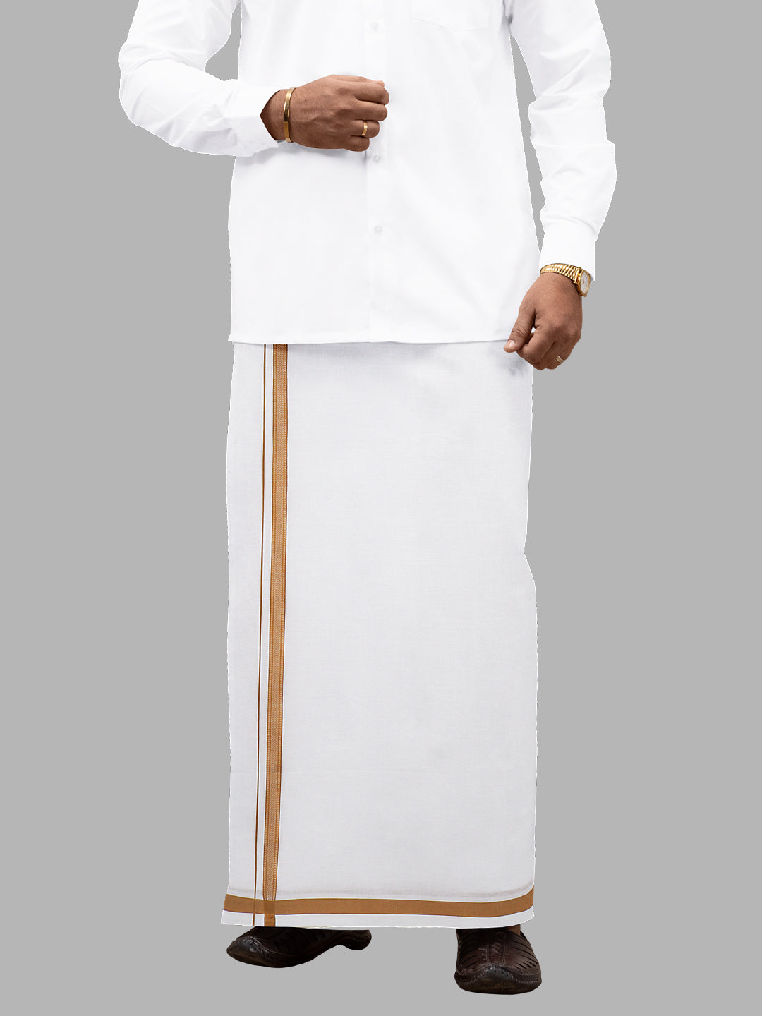 Men Mustard Fancy Border Single Layer White Dhoti PF02