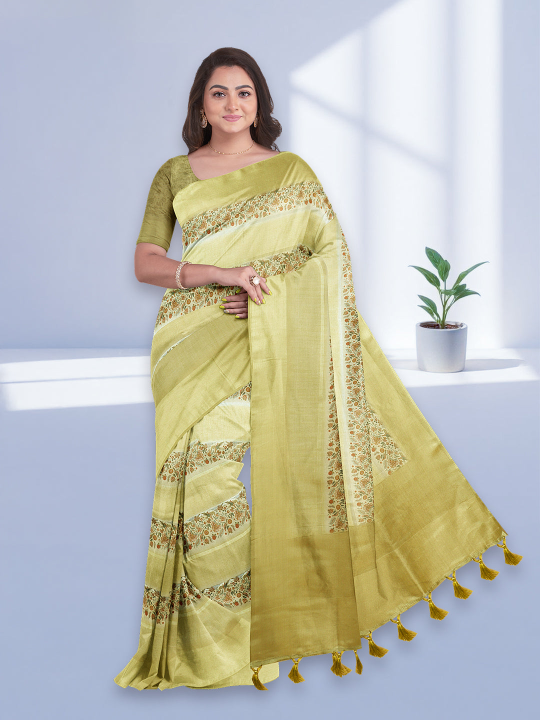 Women Yellow Semi Tussar Printed Saree ST280