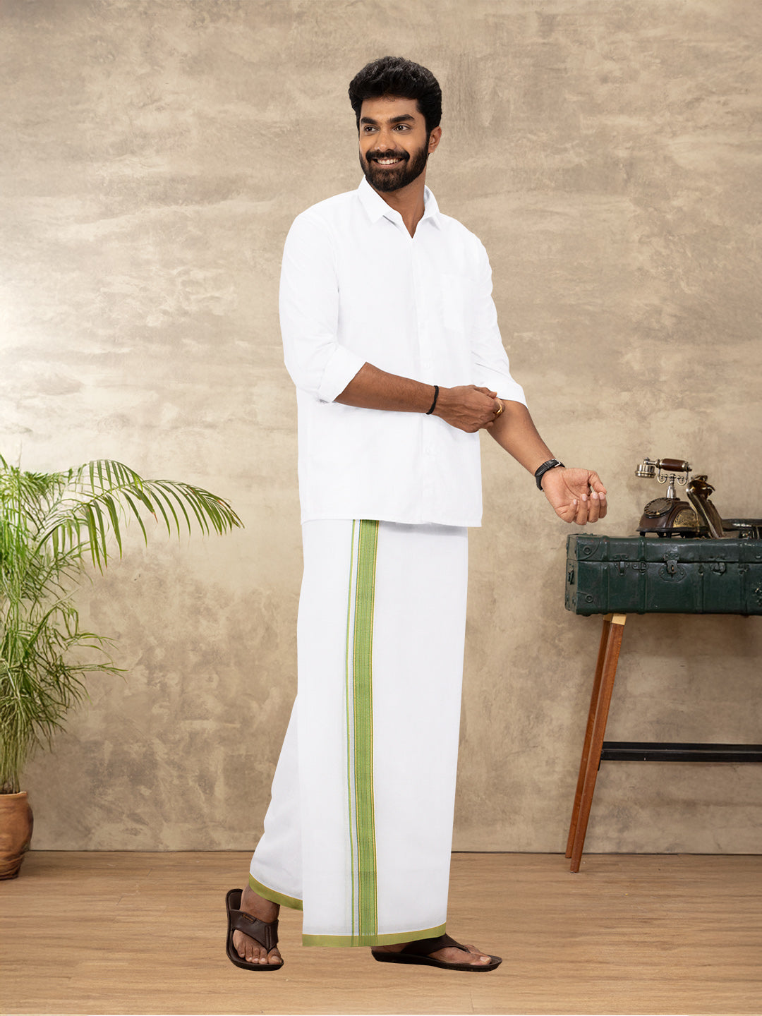 Men 100% Cotton Double Layer White Dhoti with Fancy Jari Border RGF02