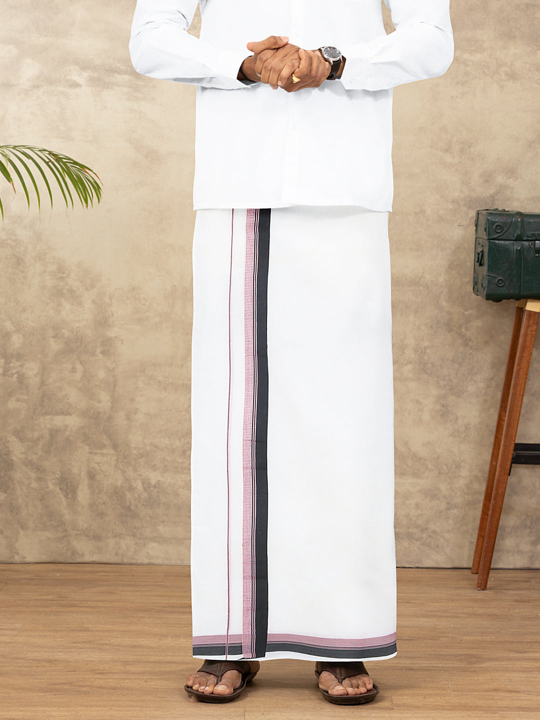 Men 100% Cotton Double Layer White Dhoti with Fancy Border EF01