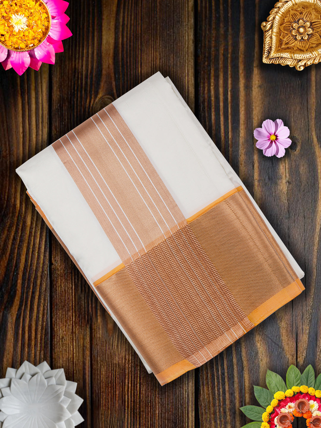 Pure Silk Cream 4" Copper & Orange Jari Border Dhoti With Towel Thirukalyan