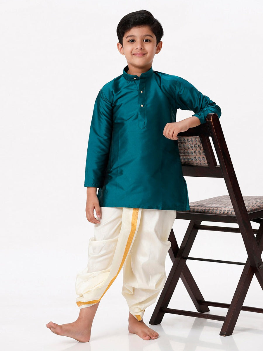 Boys Silk Cotton Full Sleeves Dark Green Kurta with Panchakacham Combo
