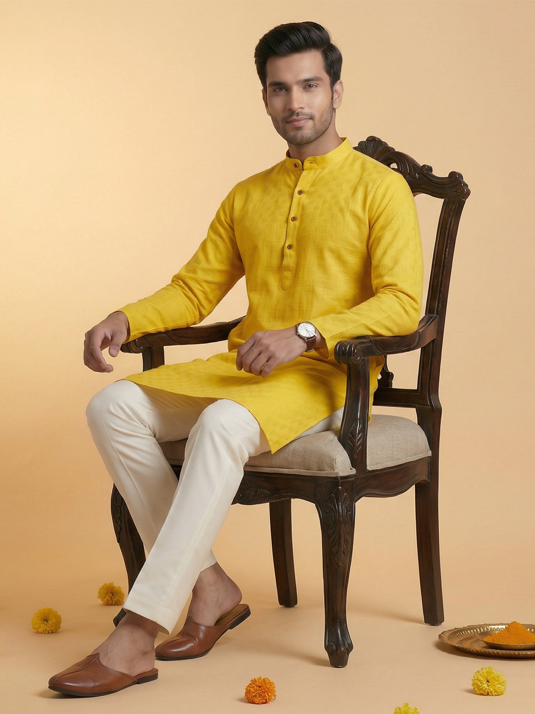 Cotton Medium Length Self Design Pocket Kurta Yellow D5
