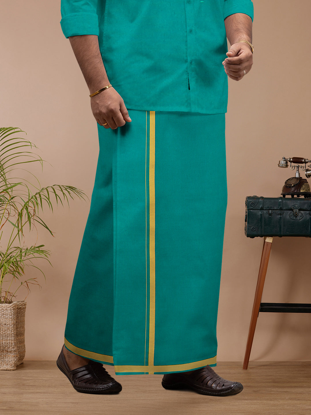 Men Cotton Blend Single Layer Green Dhoti & Towel Set with Assorted Border Spiritual