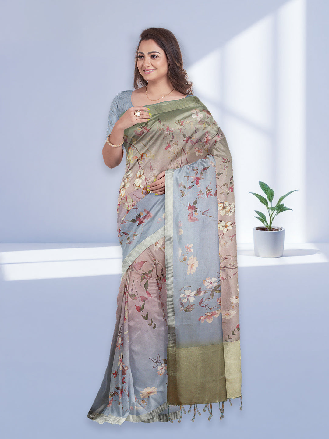 Women Purple with Green Tissue Printed Saree TS47