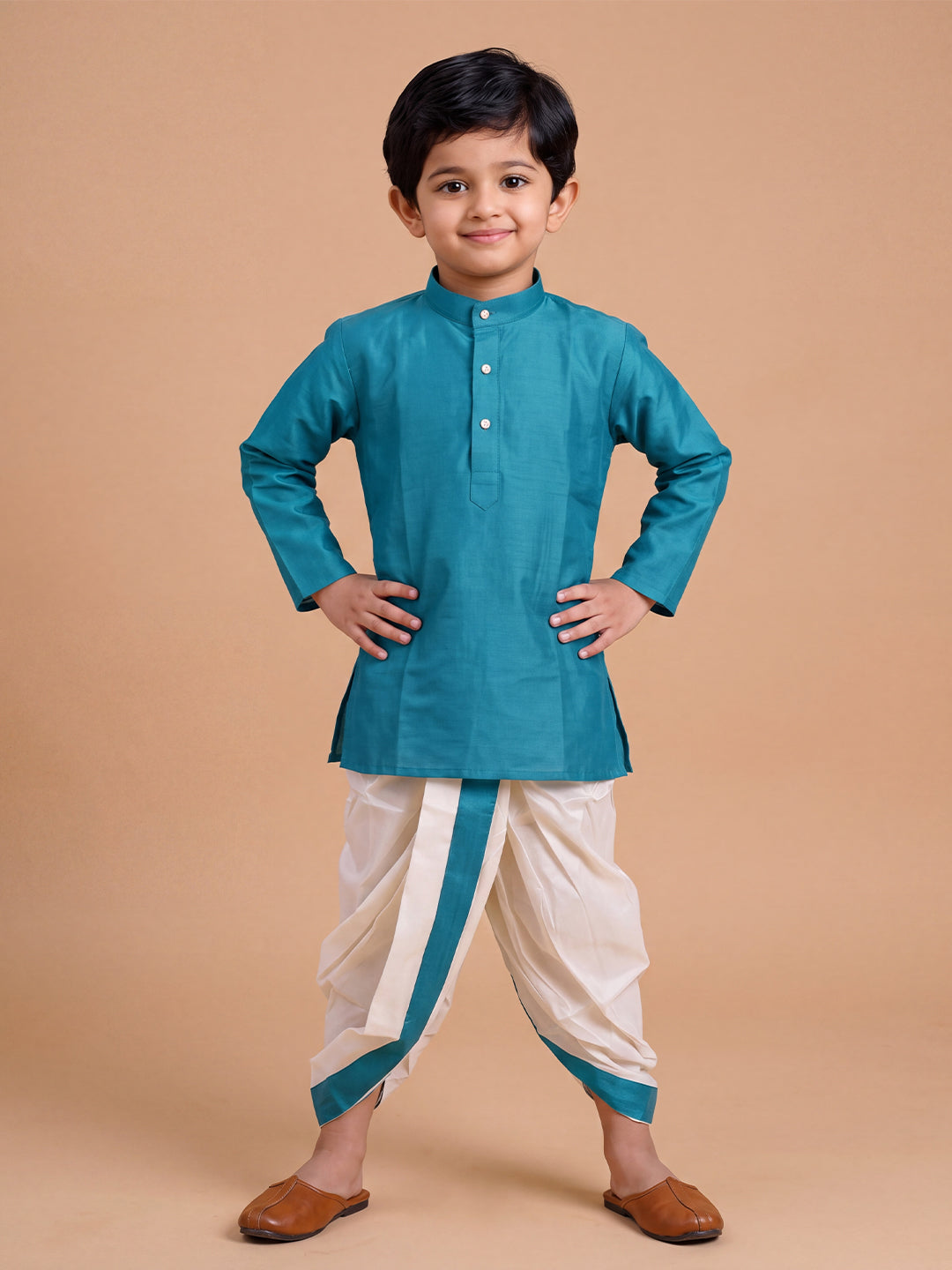 Boys Slub Cotton Full Sleeves Blue Kurta with Panchakacham Combo Set SL2