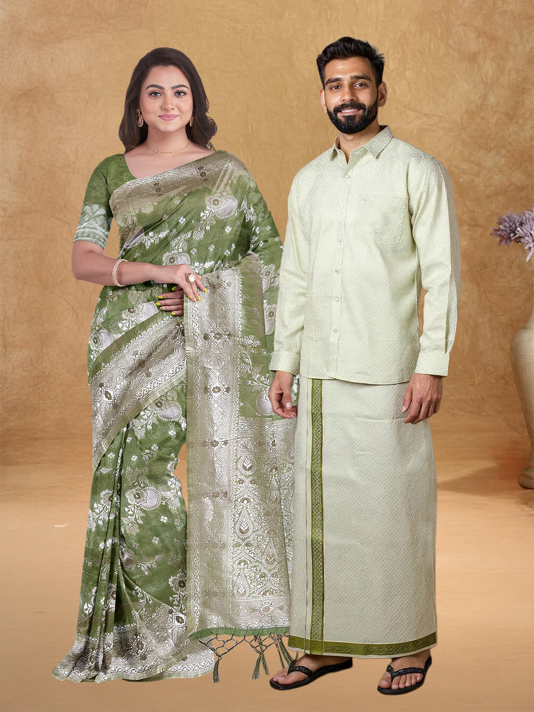 Couple Combo Shirt & Dhoti Set with Saree Moss Green MGD12