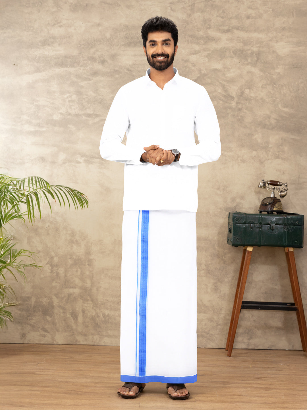 Men Cotton Blend Double Layer White Dhoti with Fancy Border TF08