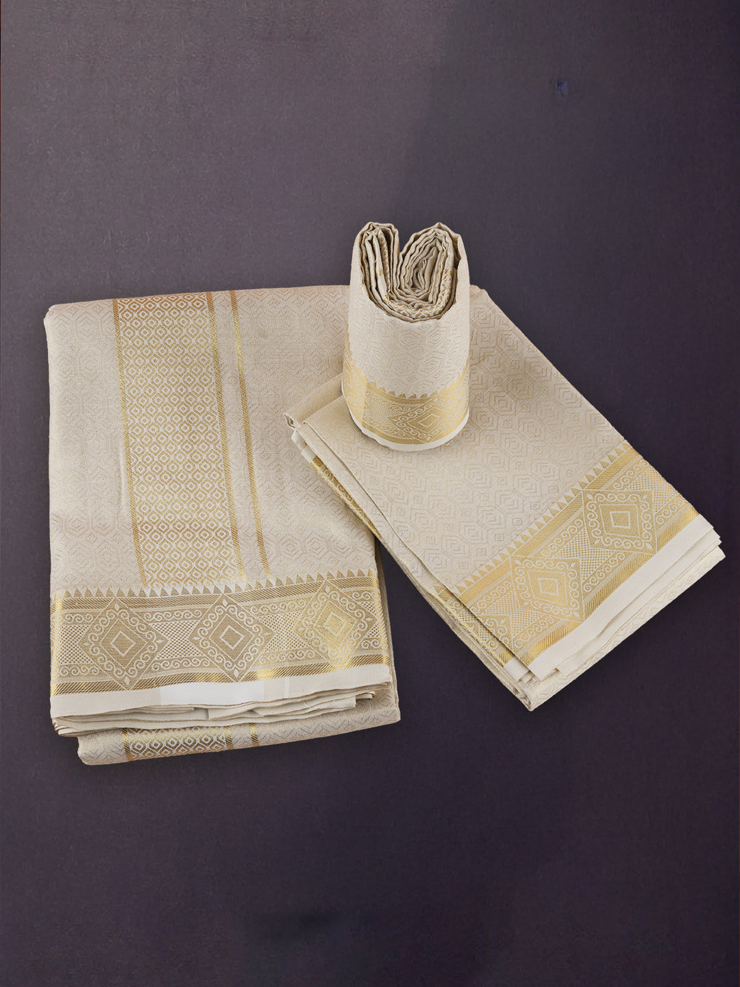 Men Tissue Dhoti Shirting & Towel Set Cream Golden Glory GG04