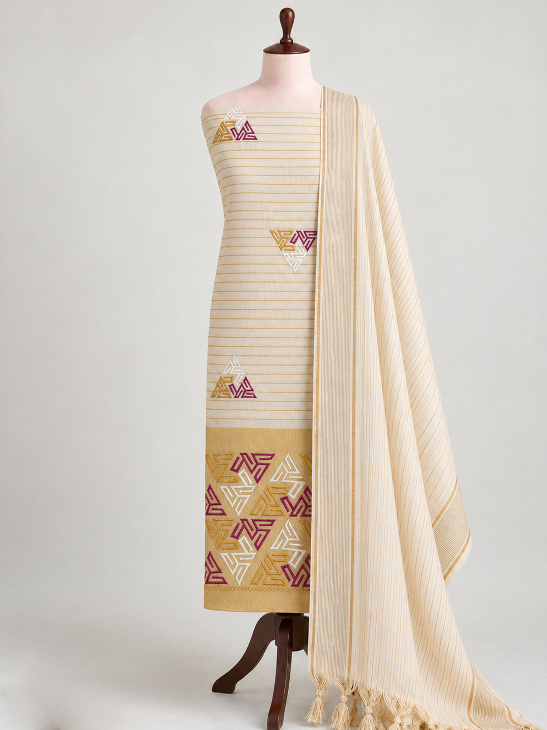 Women Kora Cotton Cream Embroidered Dress Material DM372