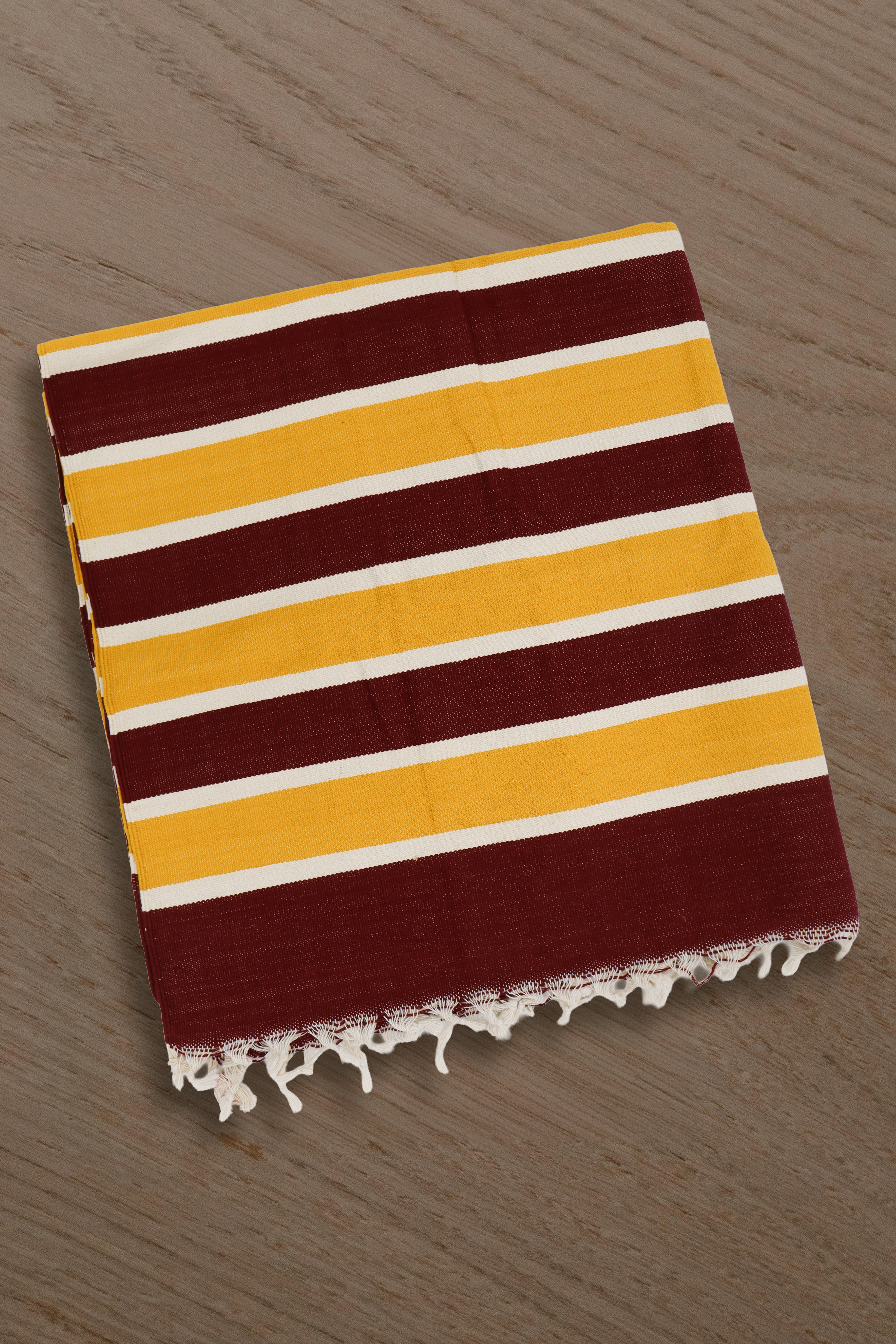 Bhavani Handwoven Cotton Jamakkalam Rug Maroon Base with White & Yellow Stripes (3.25 × 6.5 Ft)