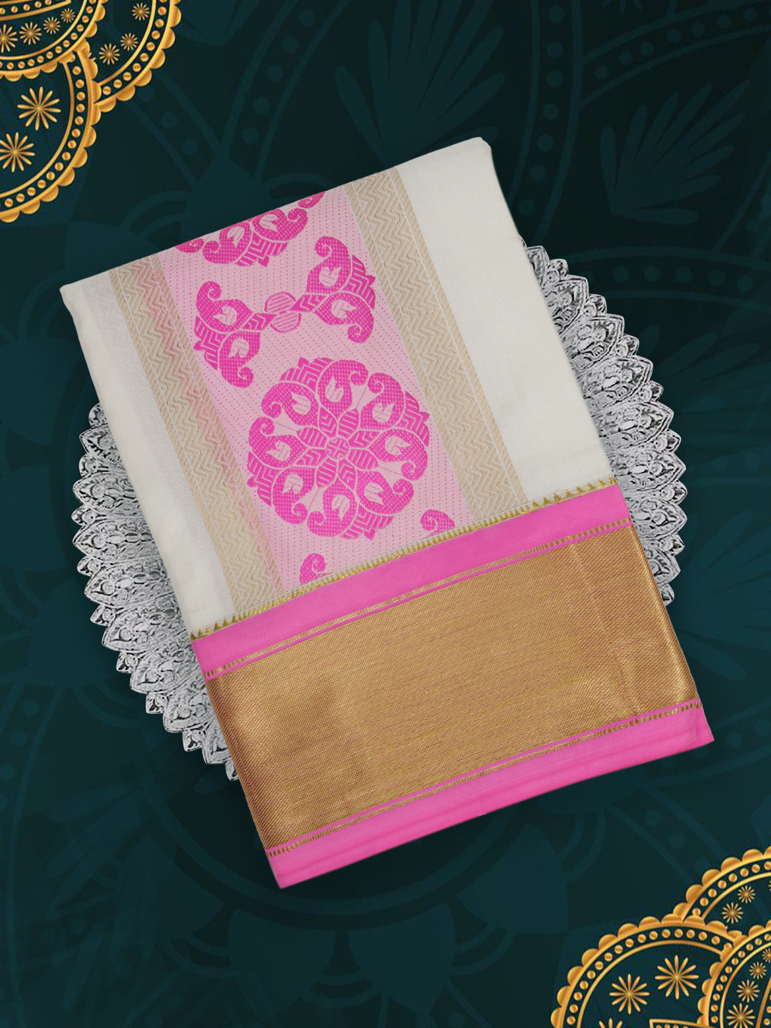 Men’s Pure Silk Cream Dhoti and Towel Set with 3-inch Pink & Gold Fancy Jari Border TF03