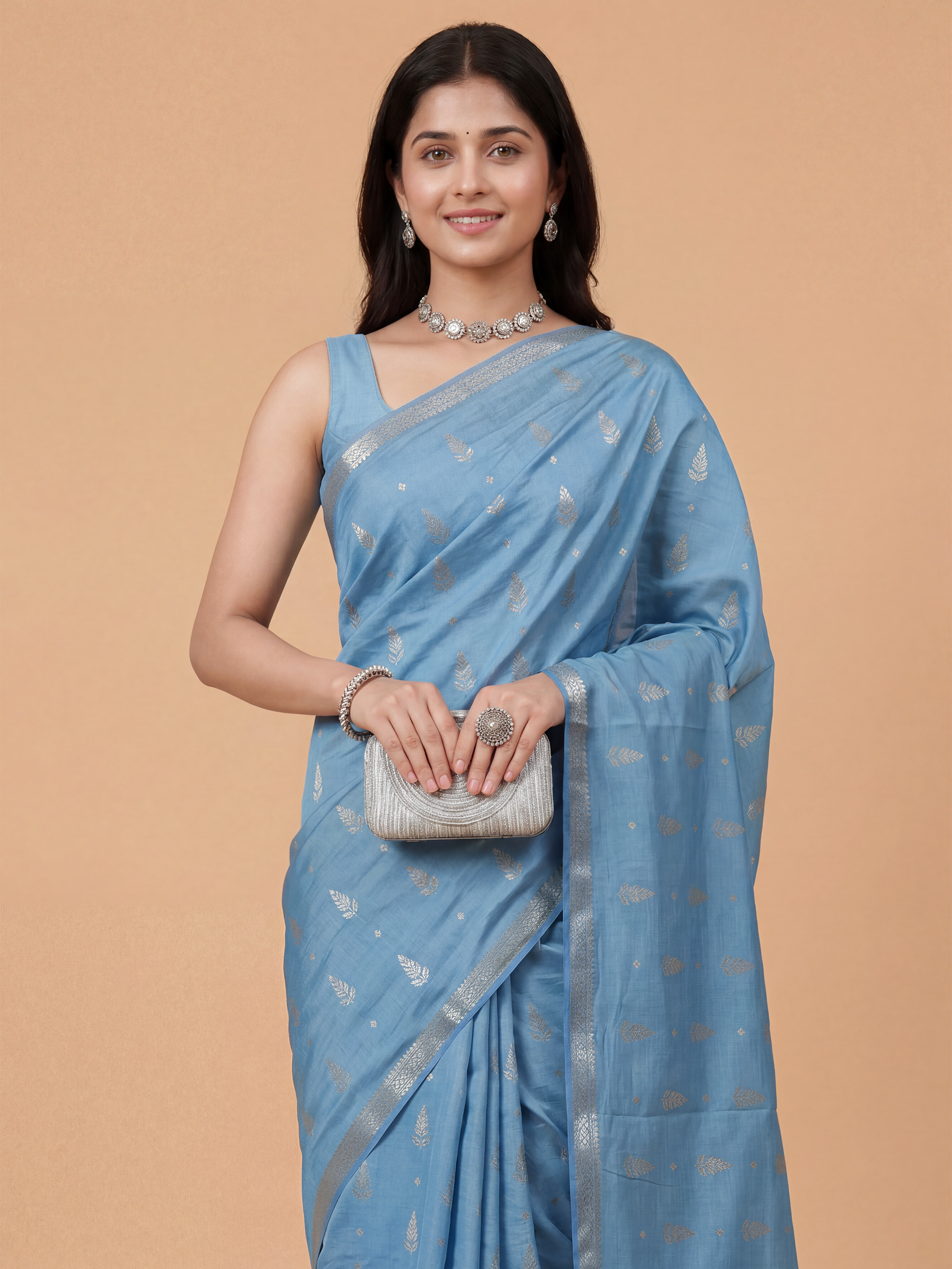 Women Semi Tussar Printed Blue Saree ST345