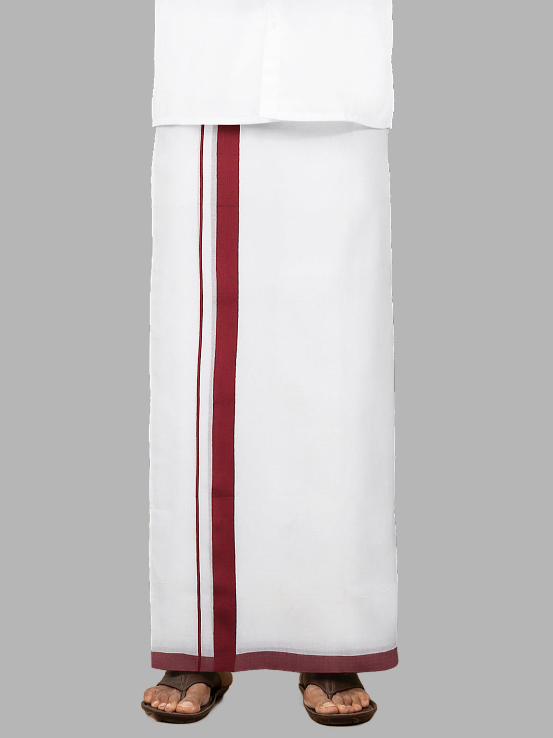 Men Maroon Fancy Border Double Layer White Dhoti SSS03