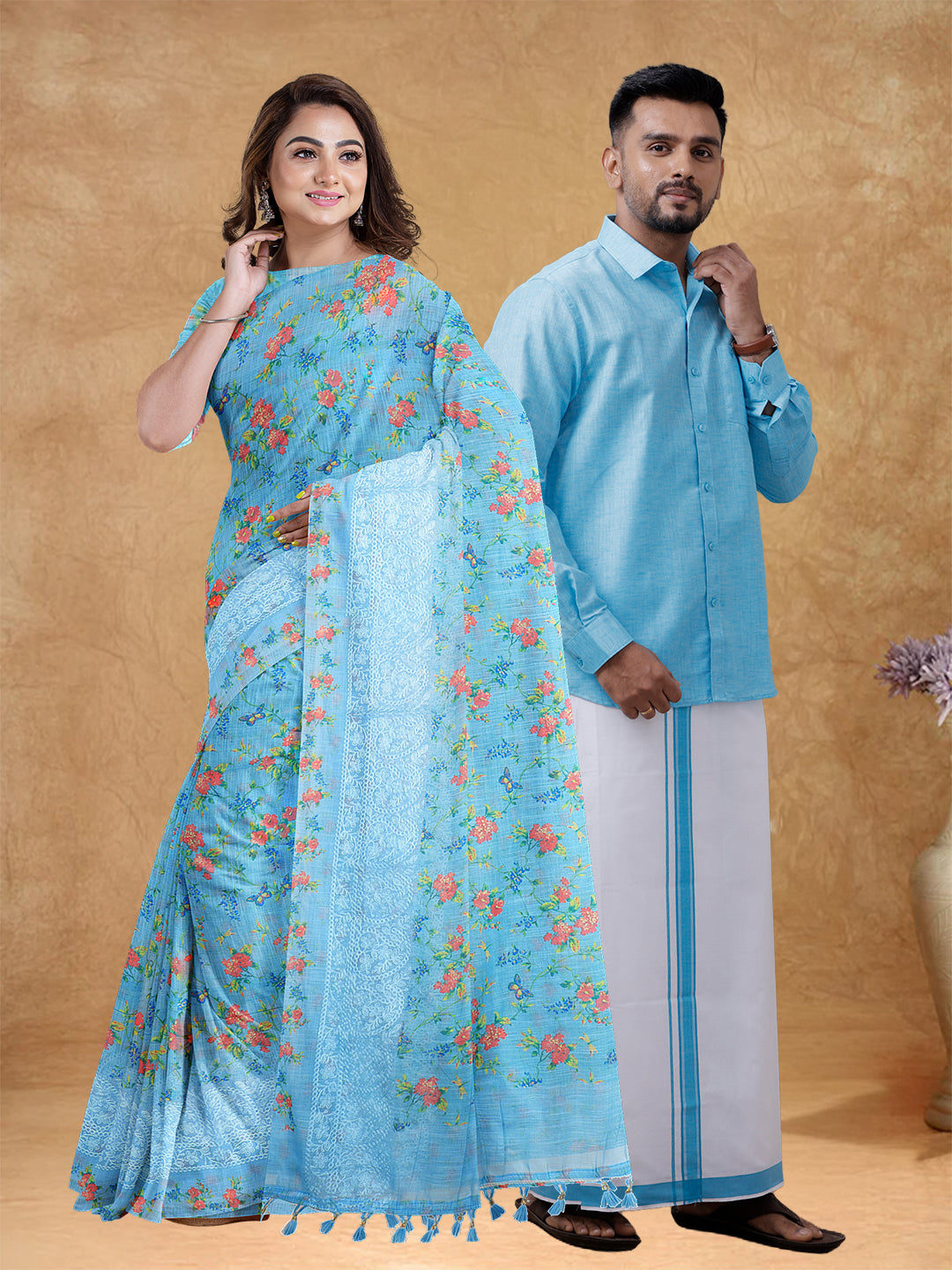 Couple Combo Shirt & Dhoti Set with Saree Blue SL209