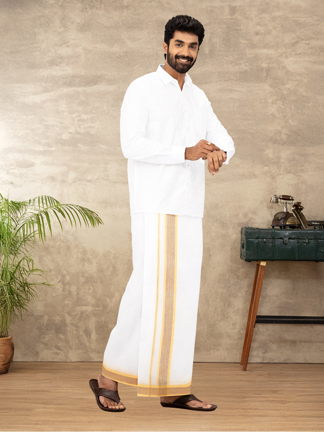 Men 100% Cotton Double Layer White Dhoti with Fancy Border RVS07
